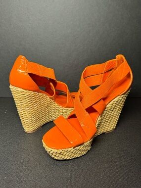 Curations Orange Patent Raffia Platform Wedge Sandals 6M Tropical Resort